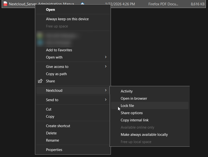 Nextcloud menu and locking the file